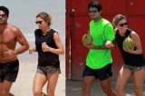 Grazi Massafera corre na praia com o namorado, Patrick Bulus, e tanquinho do empresário chama a atenção