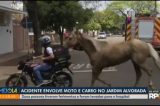 Ao vivo, jornal flagra motociclista puxando um cavalo no meio da rua