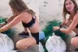 Gisele Bündchen salva tartaruga presa em rede na praia: ‘Grata por ajudá-la’