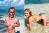 Britney Spears posa nua na praia em viagem com noivo