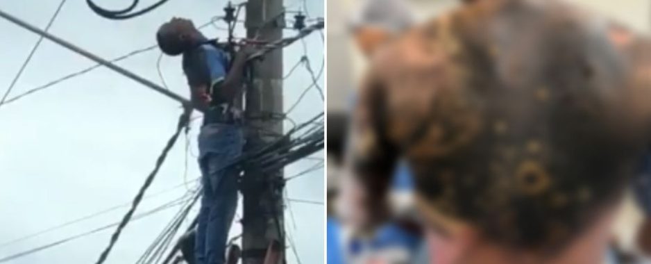 IMAGENS FORTES: Trabalhador é eletrocutado em manutenção de cabo e fica gravemente ferido