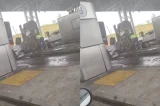 Carreta derruba cabine do pedágio e deixa BR-324 travada; assista