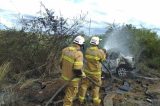 Bombeiros retiram os quatro corpos carbonizados de veículo após colisão fatal na BR-135 no oeste da Bahia