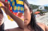 Esposa ciumenta aborda jovem na praia por causa de biquíni “indiscreto”: “você mostrando tudo, meu marido não para de te olhar”